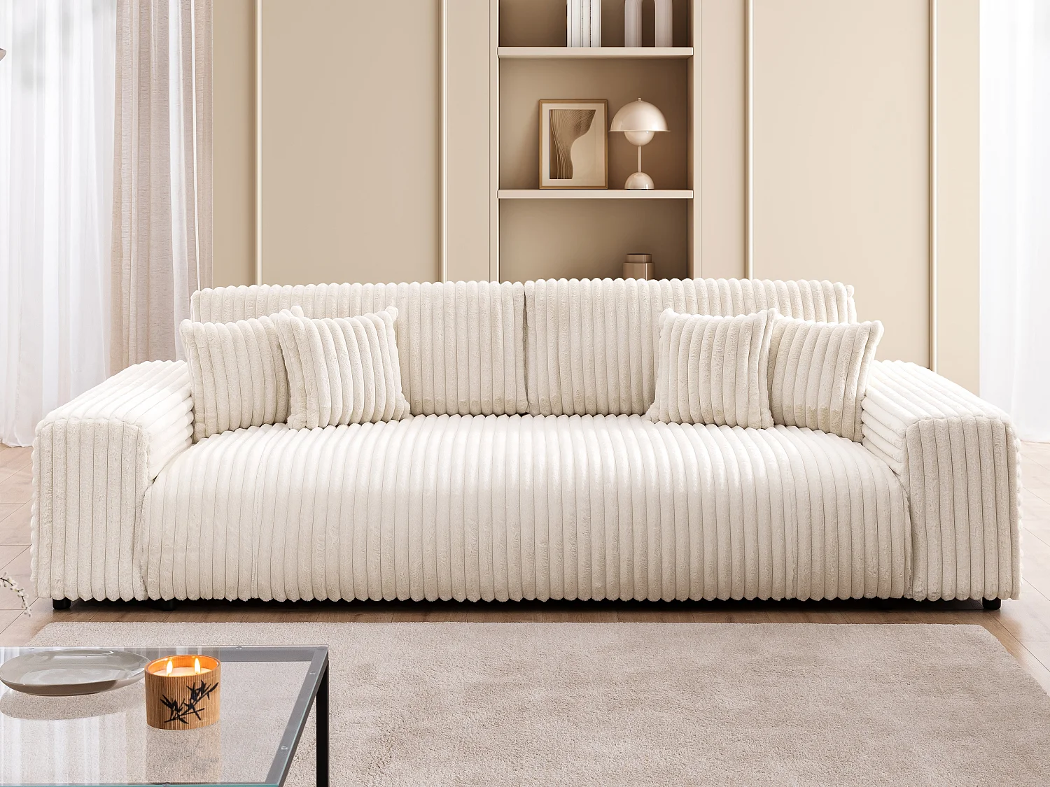 Mollis -  Sofa mit Schlaffunktion und Bettkasten aus Hellbeige Plüschcord mit schöner Sitzkomfort