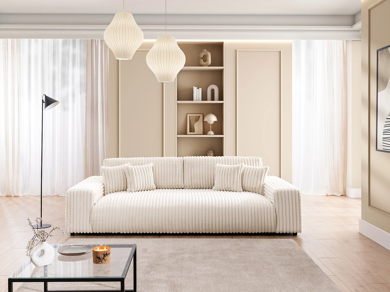 Mollis -  Sofa mit Schlaffunktion und Bettkasten aus Hellbeige Plüschcord mit schöner Sitzkomfort