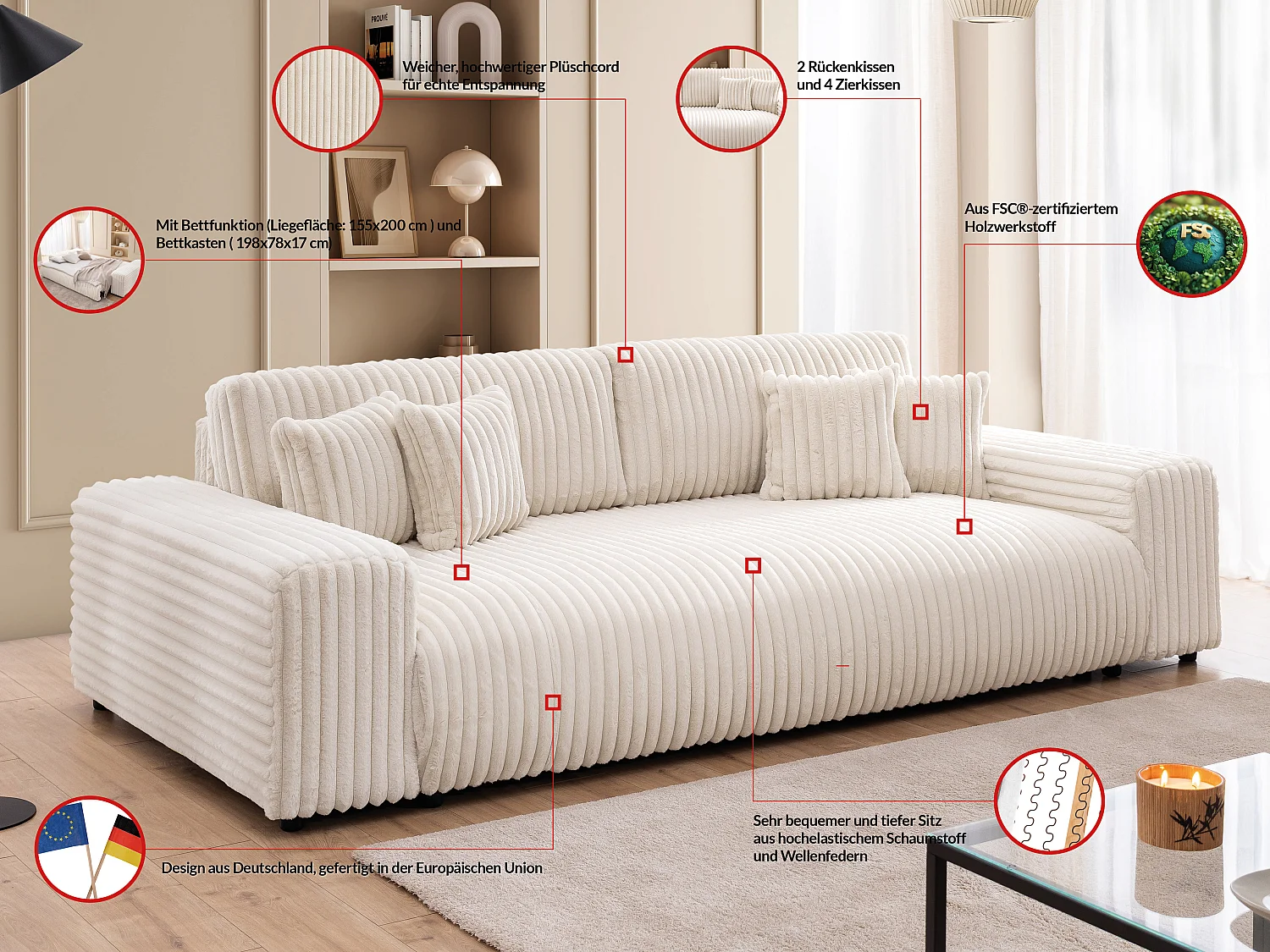 Mollis -  Sofa mit Schlaffunktion und Bettkasten aus Hellbeige Plüschcord mit schöner Sitzkomfort