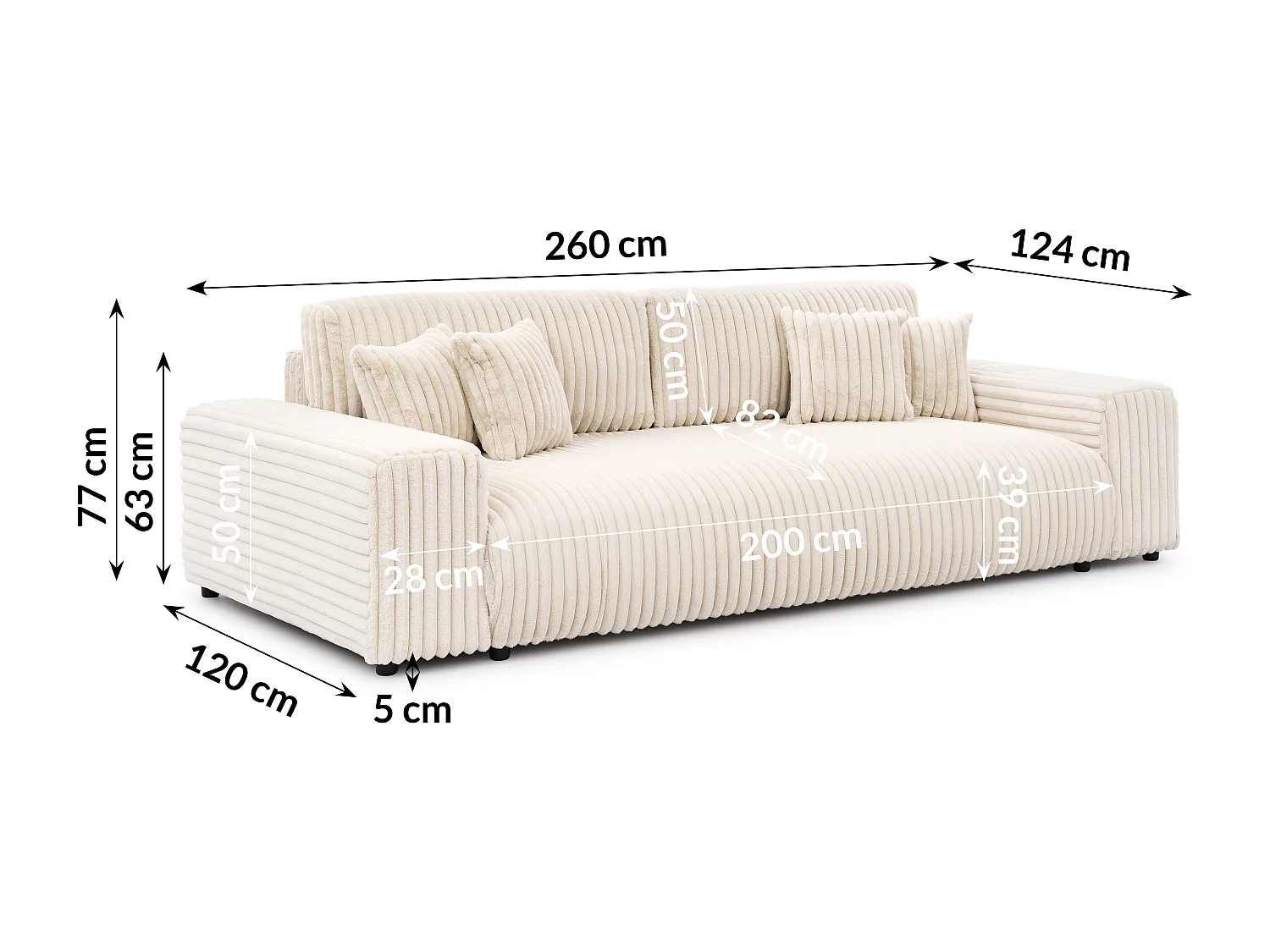 Mollis -  Sofa mit Schlaffunktion und Bettkasten aus Hellbeige Plüschcord mit schöner Sitzkomfort