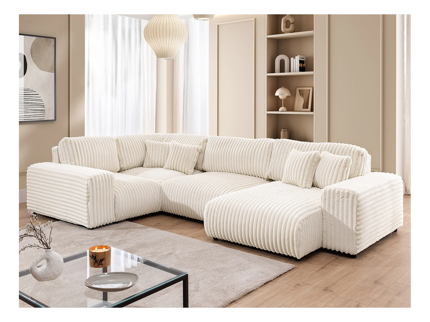 Mollis -  Wohnlandschaft im XXL-Format aus Hellbeige Plüschcord mit schöner Sitzkomfort