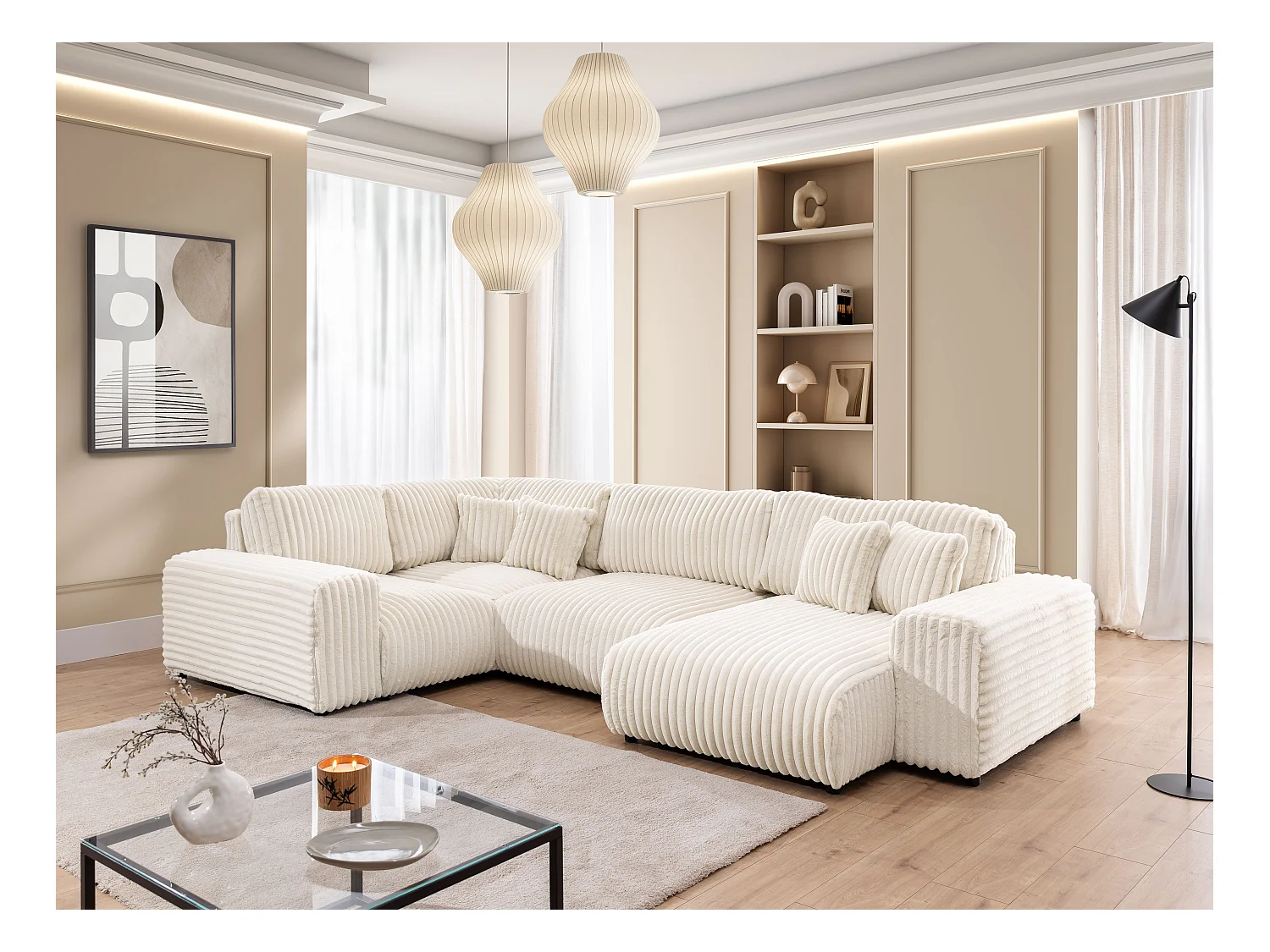 Mollis -  Wohnlandschaft im XXL-Format aus Hellbeige Plüschcord mit schöner Sitzkomfort
