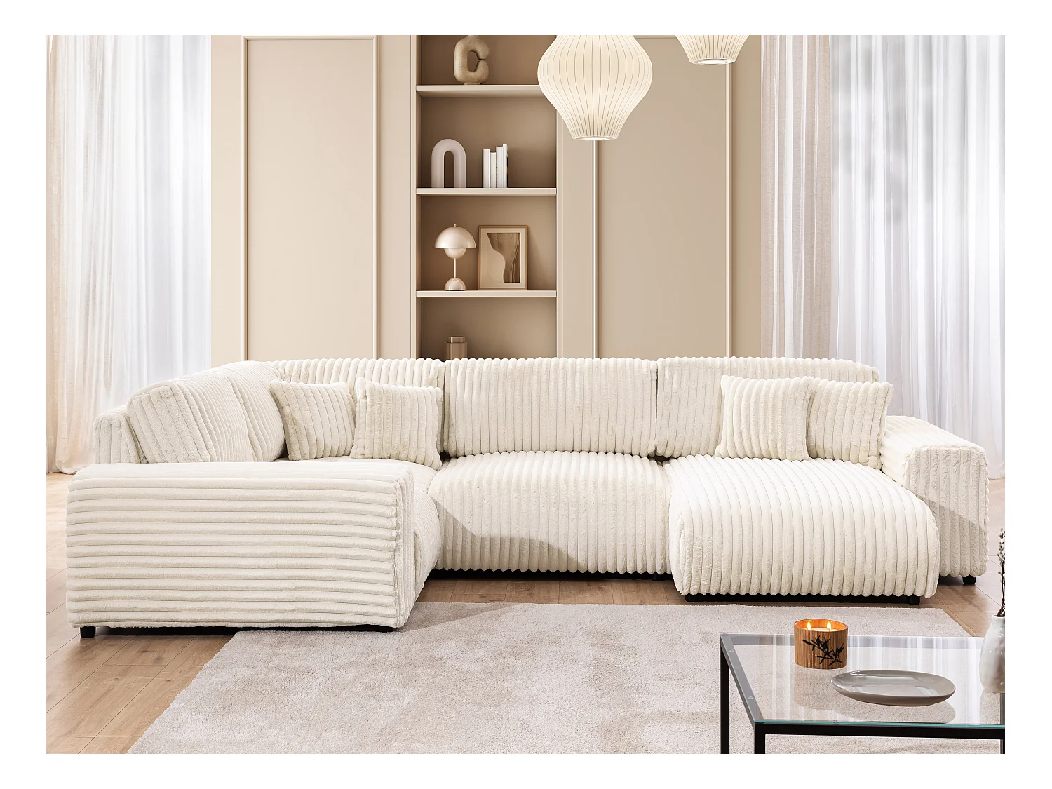 Mollis -  Wohnlandschaft im XXL-Format aus Hellbeige Plüschcord mit schöner Sitzkomfort