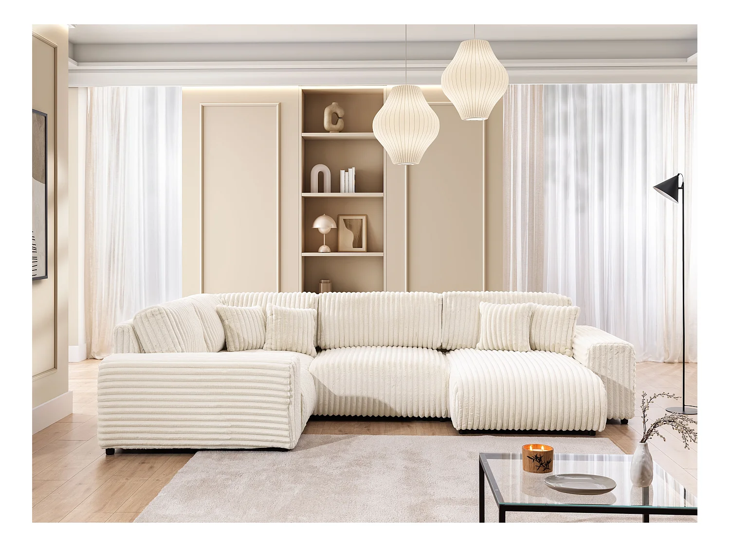 Mollis -  Wohnlandschaft im XXL-Format aus Hellbeige Plüschcord mit schöner Sitzkomfort