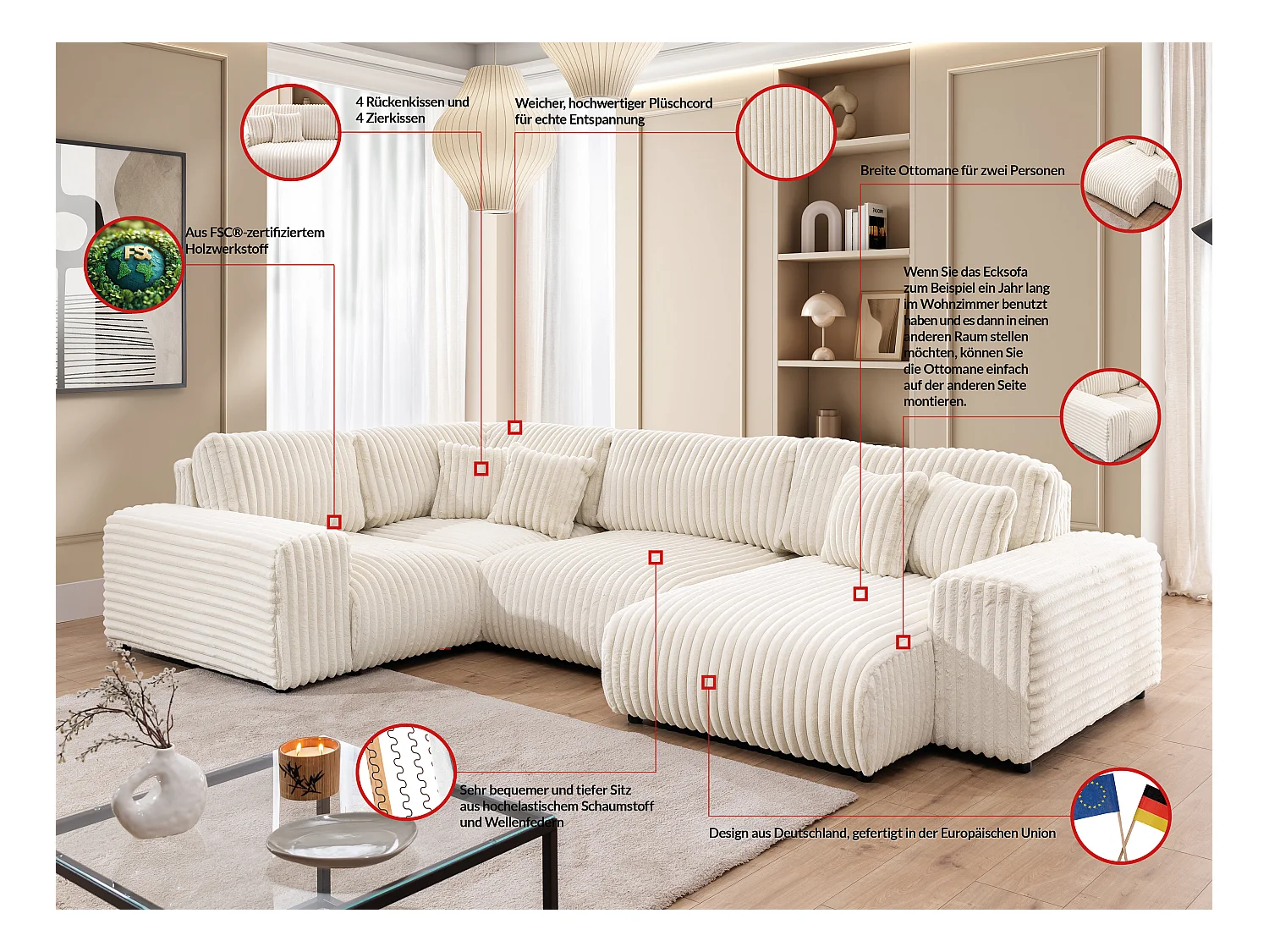 Mollis -  Wohnlandschaft im XXL-Format aus Hellbeige Plüschcord mit schöner Sitzkomfort