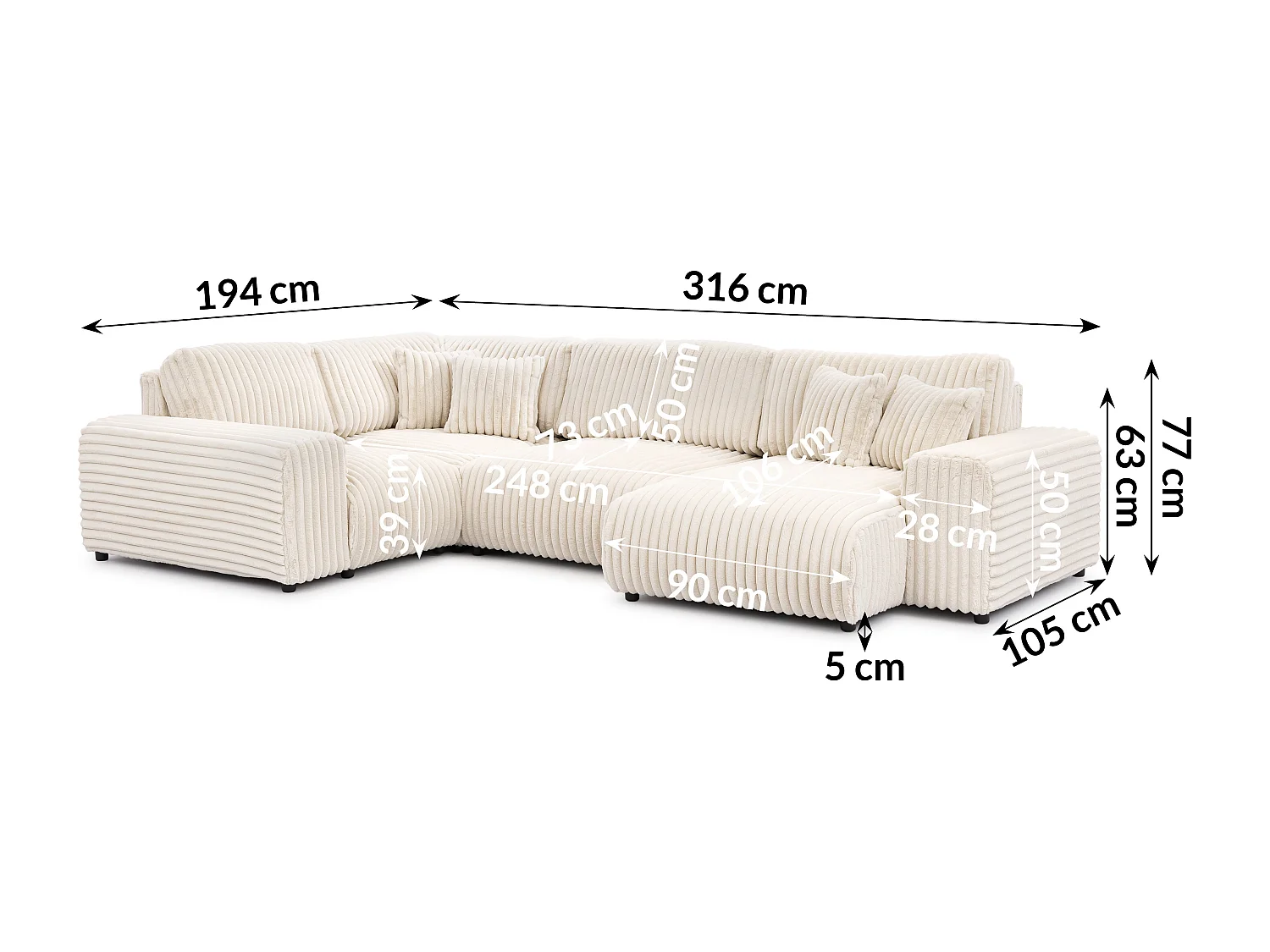 Mollis -  Wohnlandschaft im XXL-Format aus Hellbeige Plüschcord mit schöner Sitzkomfort