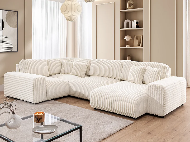 Mollis -  Wohnlandschaft im XXL-Format aus Hellbeige Plüschcord mit schöner Sitzkomfort