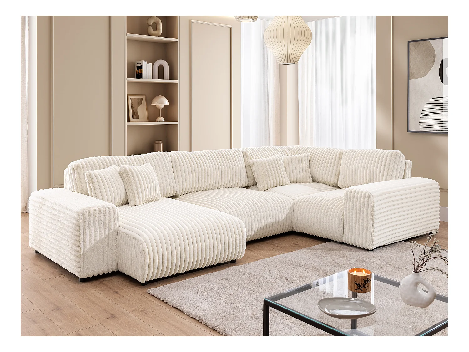 Mollis -  Wohnlandschaft im XXL-Format aus Hellbeige Plüschcord mit schöner Sitzkomfort