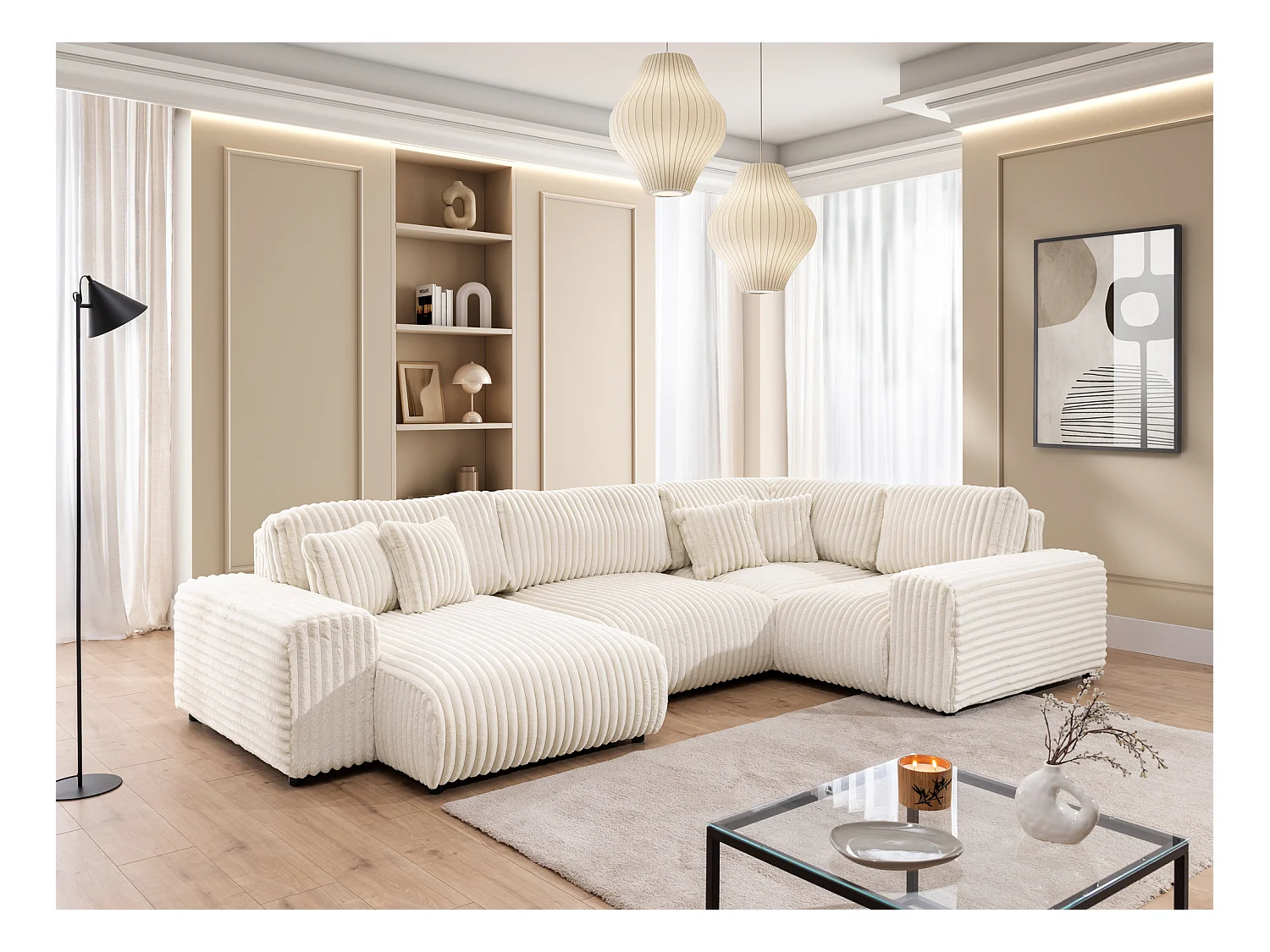 Mollis -  Wohnlandschaft im XXL-Format aus Hellbeige Plüschcord mit schöner Sitzkomfort