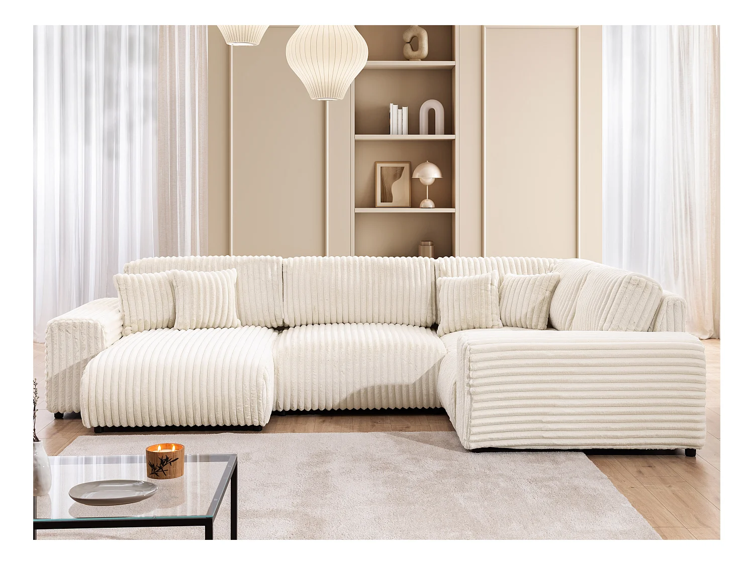 Mollis -  Wohnlandschaft im XXL-Format aus Hellbeige Plüschcord mit schöner Sitzkomfort