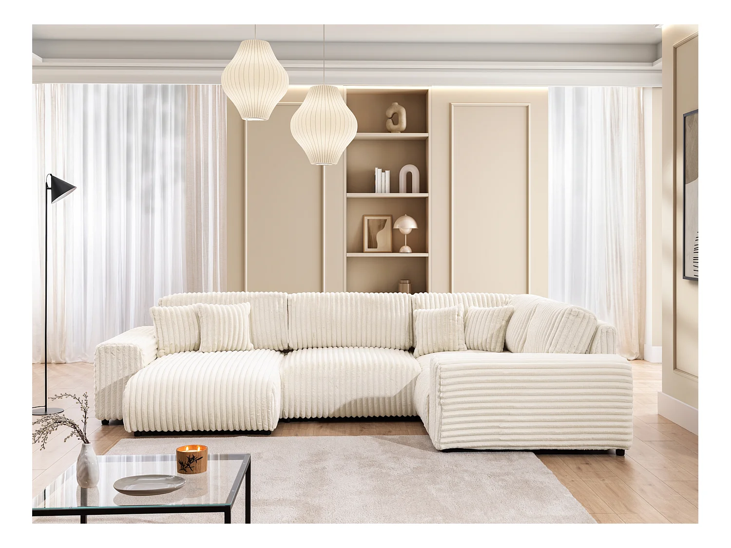 Mollis -  Wohnlandschaft im XXL-Format aus Hellbeige Plüschcord mit schöner Sitzkomfort