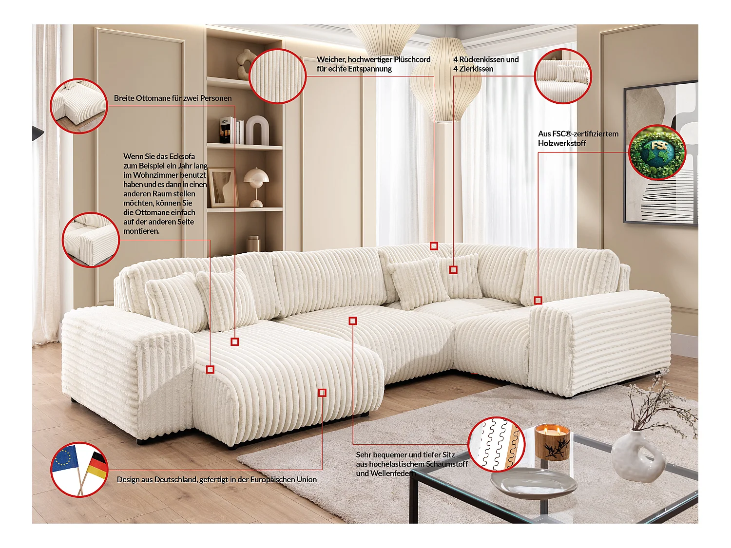 Mollis -  Wohnlandschaft im XXL-Format aus Hellbeige Plüschcord mit schöner Sitzkomfort