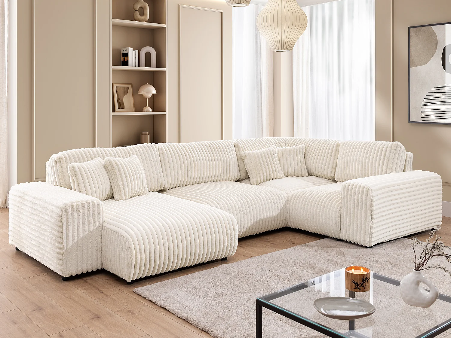 Mollis -  Wohnlandschaft im XXL-Format aus Hellbeige Plüschcord mit schöner Sitzkomfort