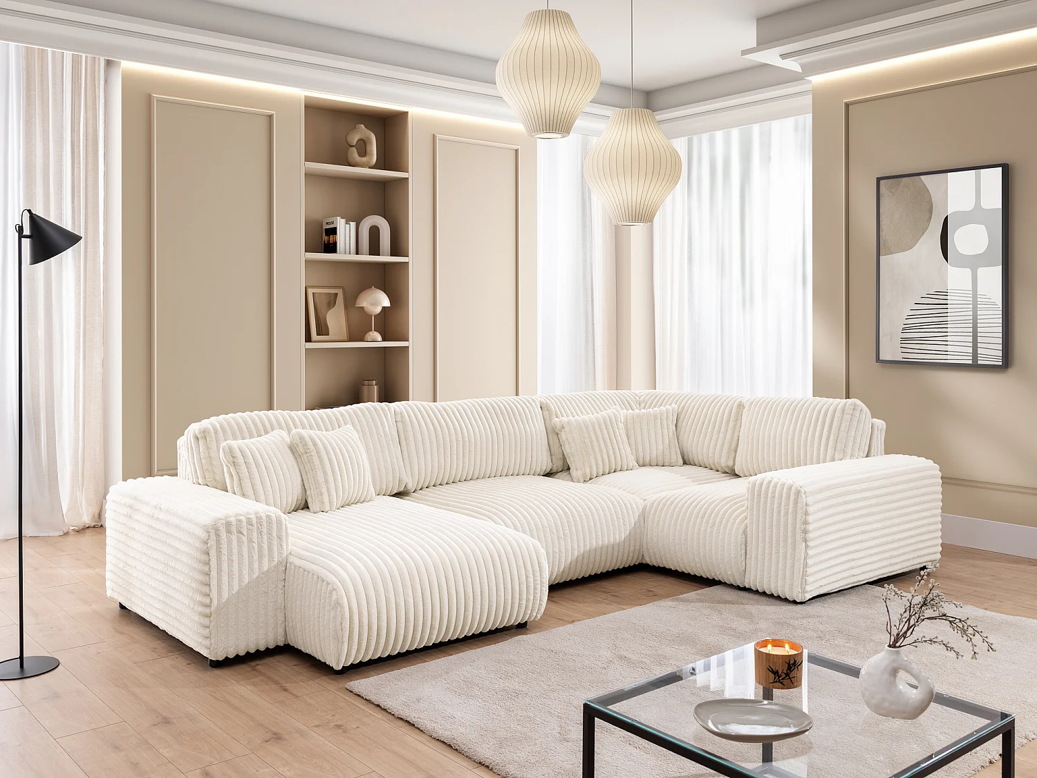 Mollis -  Wohnlandschaft im XXL-Format aus Hellbeige Plüschcord mit schöner Sitzkomfort