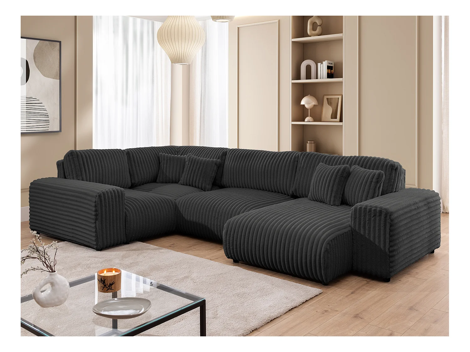 Mollis -  Wohnlandschaft im XXL-Format aus Dunkelgrau Plüschcord mit schöner Sitzkomfort