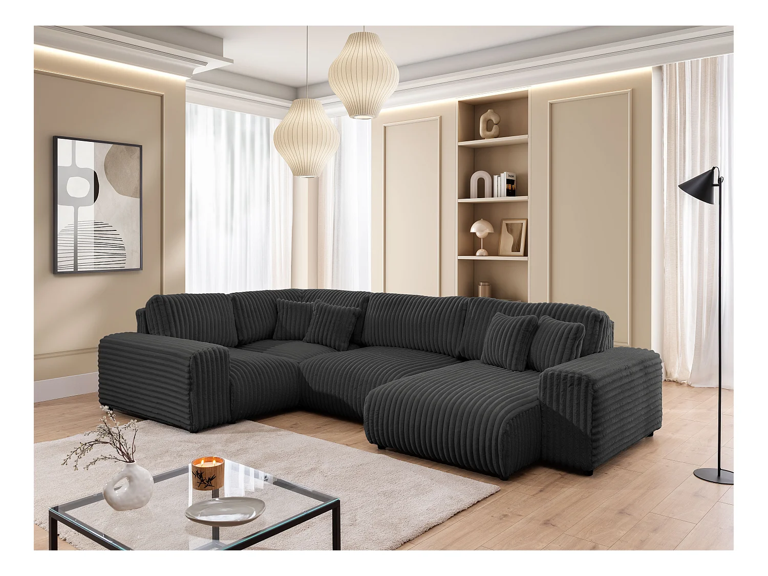 Mollis -  Wohnlandschaft im XXL-Format aus Dunkelgrau Plüschcord mit schöner Sitzkomfort