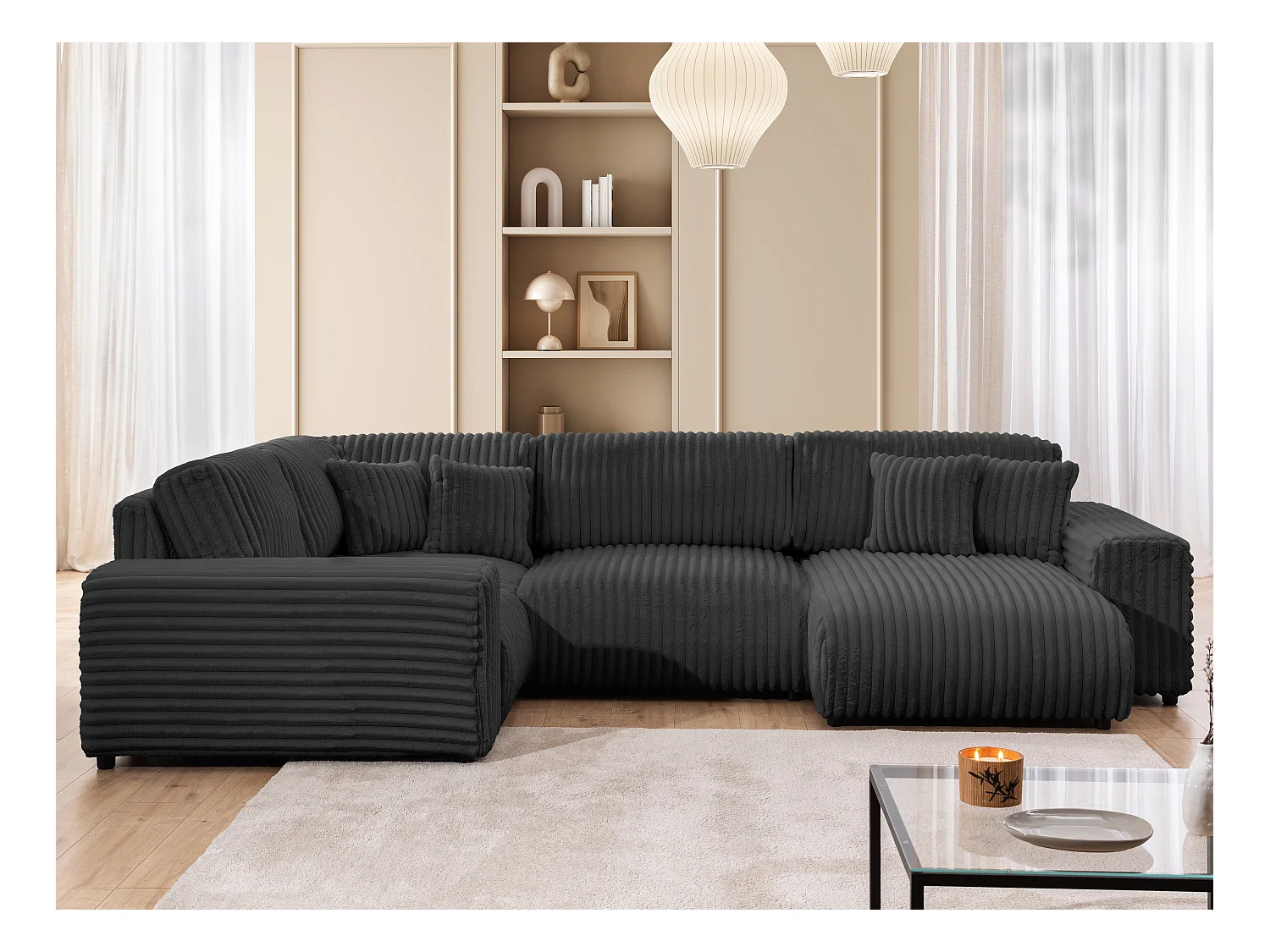 Mollis -  Wohnlandschaft im XXL-Format aus Dunkelgrau Plüschcord mit schöner Sitzkomfort