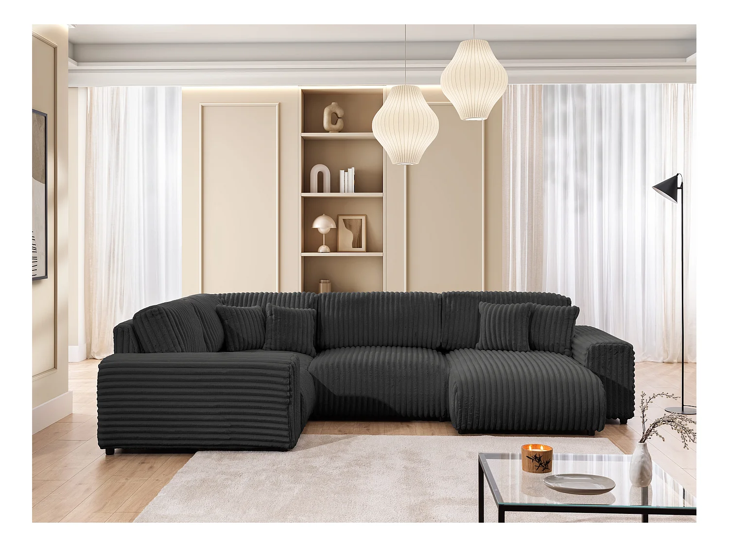 Mollis -  Wohnlandschaft im XXL-Format aus Dunkelgrau Plüschcord mit schöner Sitzkomfort