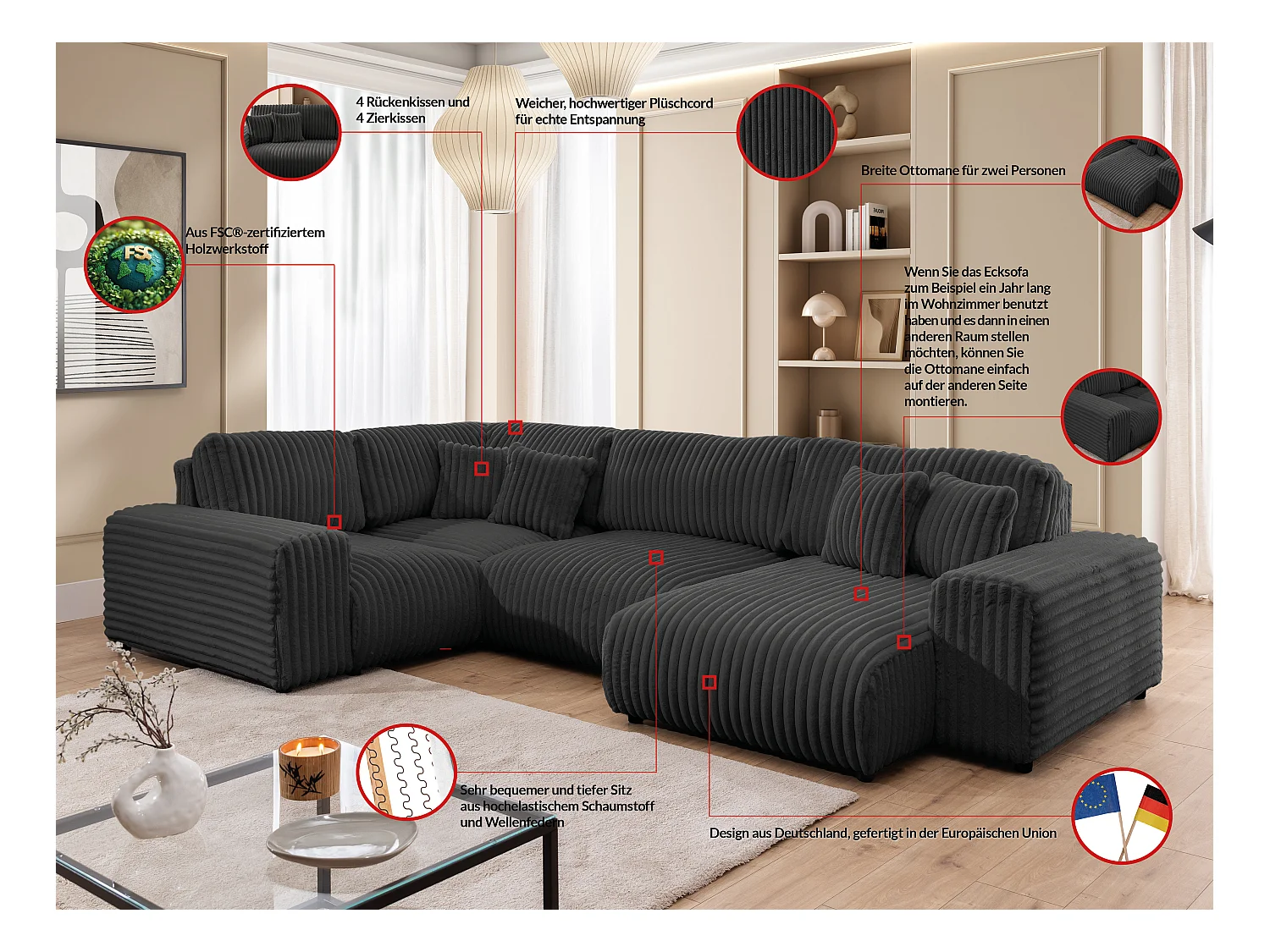 Mollis -  Wohnlandschaft im XXL-Format aus Dunkelgrau Plüschcord mit schöner Sitzkomfort