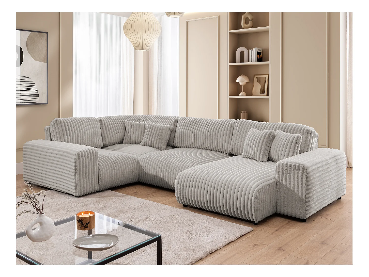 Mollis -  Wohnlandschaft im XXL-Format aus Hellgrau Plüschcord mit schöner Sitzkomfort