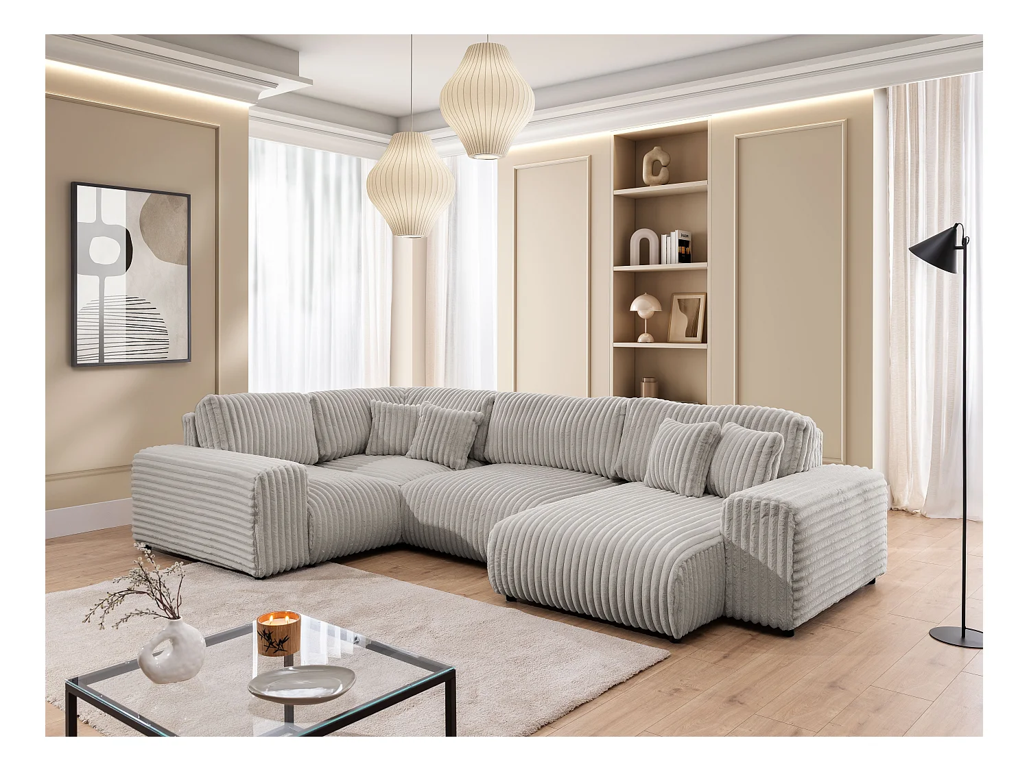 Mollis -  Wohnlandschaft im XXL-Format aus Hellgrau Plüschcord mit schöner Sitzkomfort