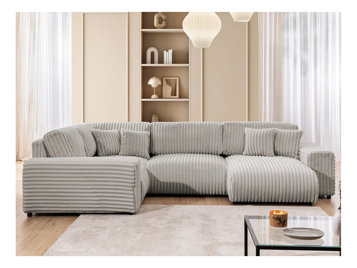 Mollis -  Wohnlandschaft im XXL-Format aus Hellgrau Plüschcord mit schöner Sitzkomfort