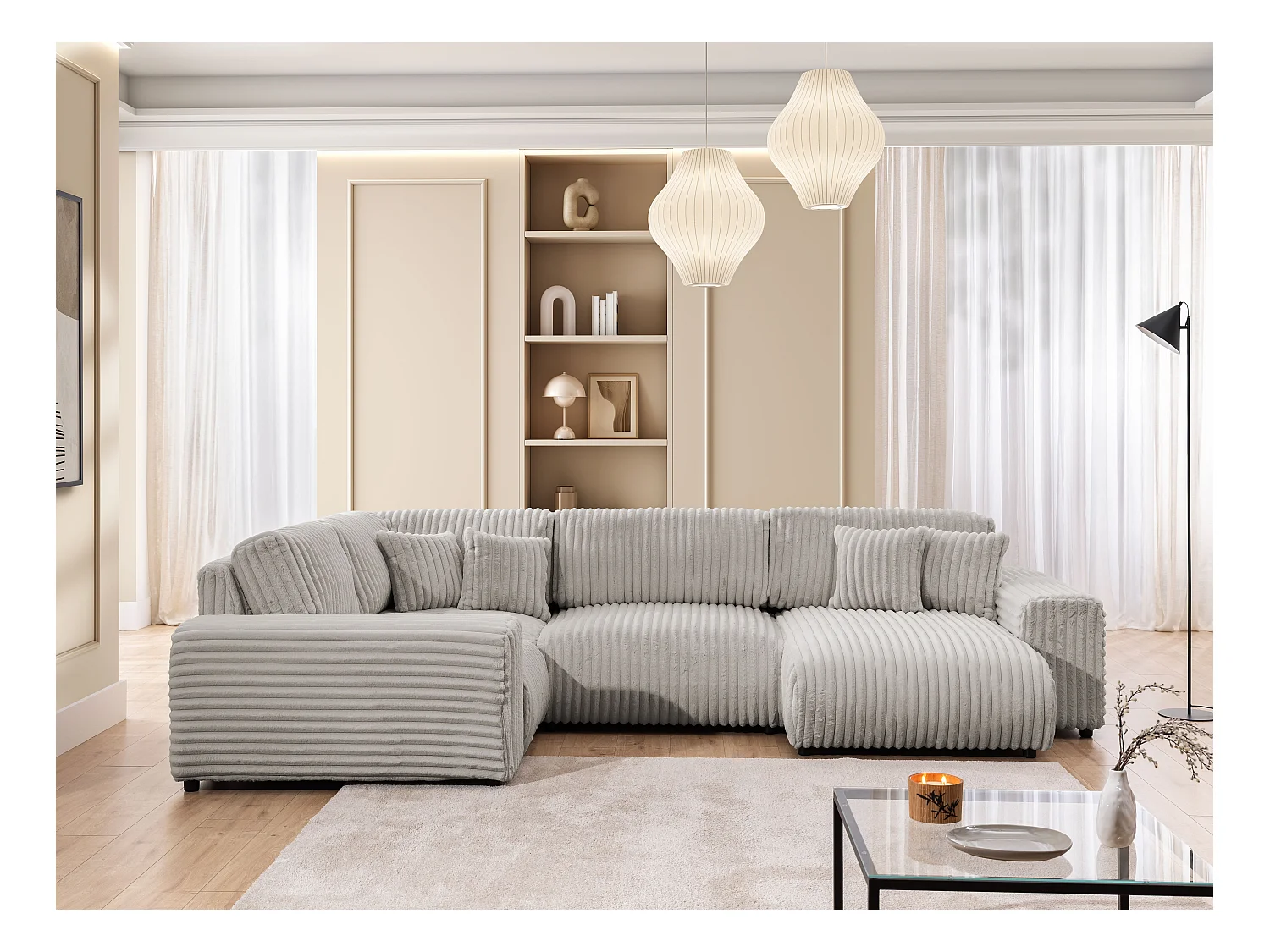 Mollis -  Wohnlandschaft im XXL-Format aus Hellgrau Plüschcord mit schöner Sitzkomfort