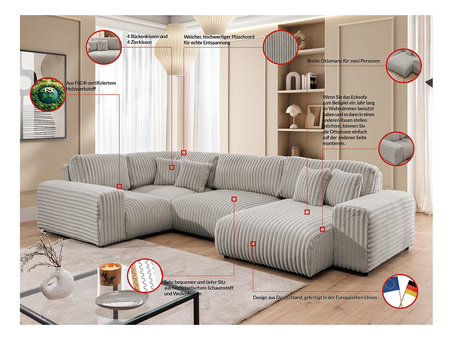 Mollis -  Wohnlandschaft im XXL-Format aus Hellgrau Plüschcord mit schöner Sitzkomfort