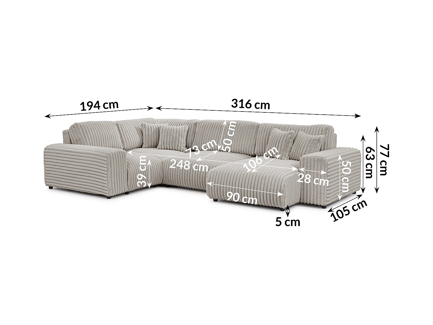 Mollis -  Wohnlandschaft im XXL-Format aus Hellgrau Plüschcord mit schöner Sitzkomfort