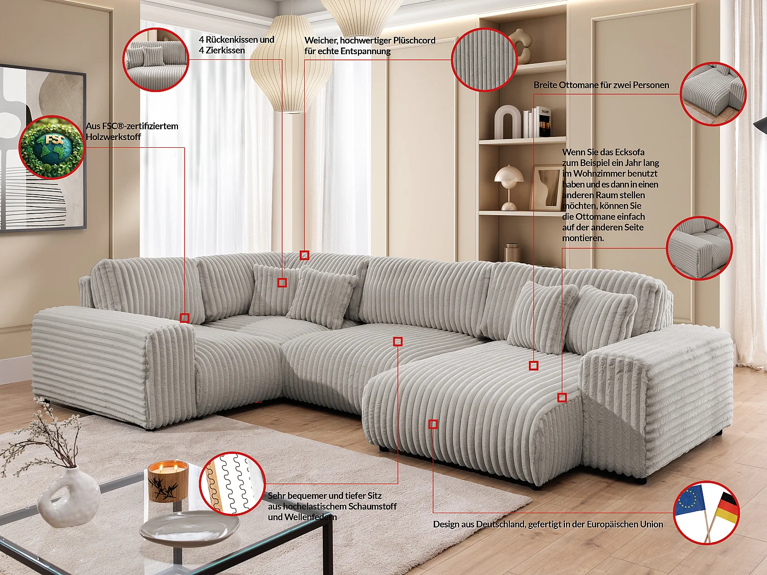 Mollis -  Wohnlandschaft im XXL-Format aus Hellgrau Plüschcord mit schöner Sitzkomfort