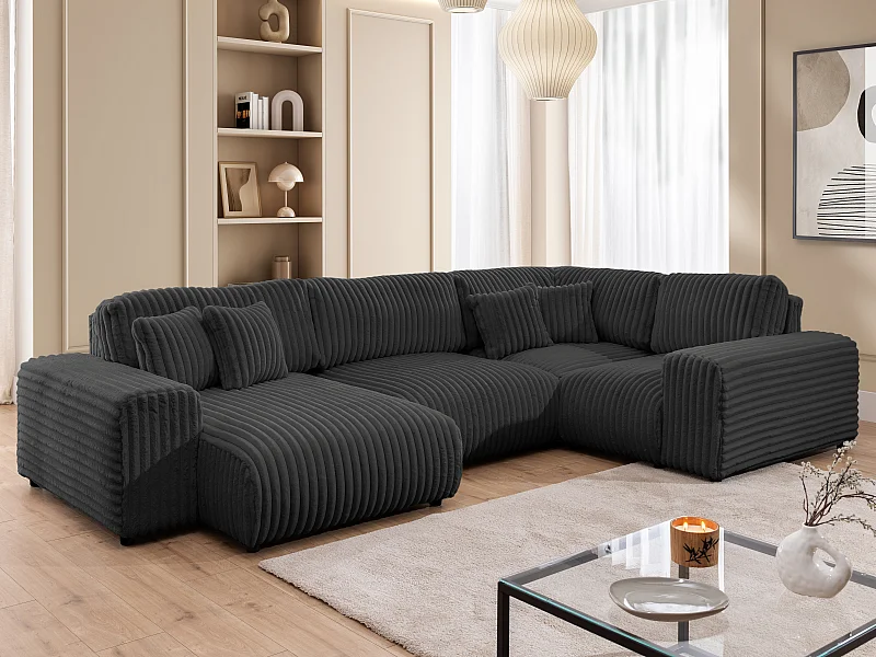 Mollis -  Wohnlandschaft im XXL-Format aus Dunkelgrau Plüschcord mit schöner Sitzkomfort