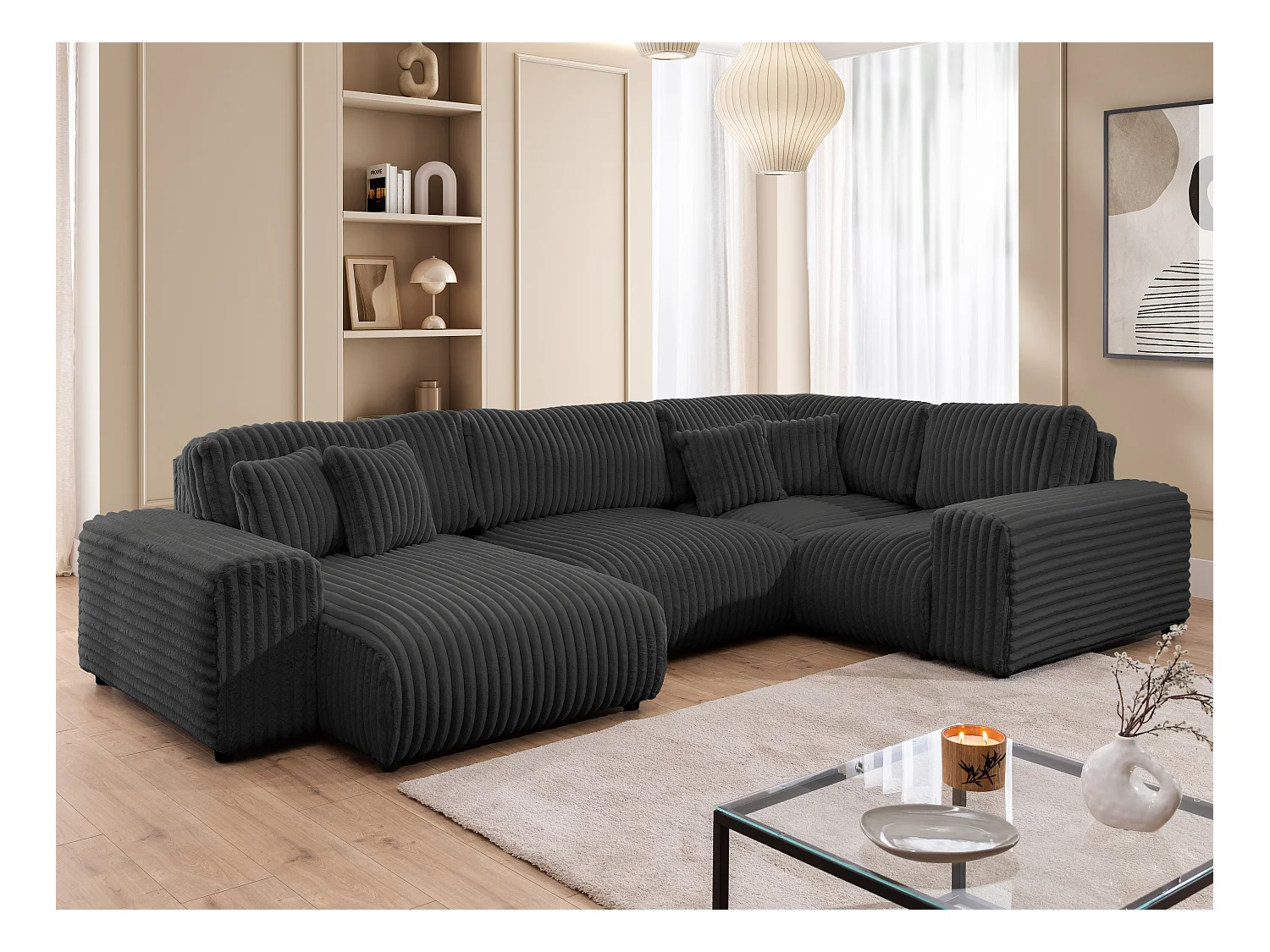 Mollis -  Wohnlandschaft im XXL-Format aus Dunkelgrau Plüschcord mit schöner Sitzkomfort