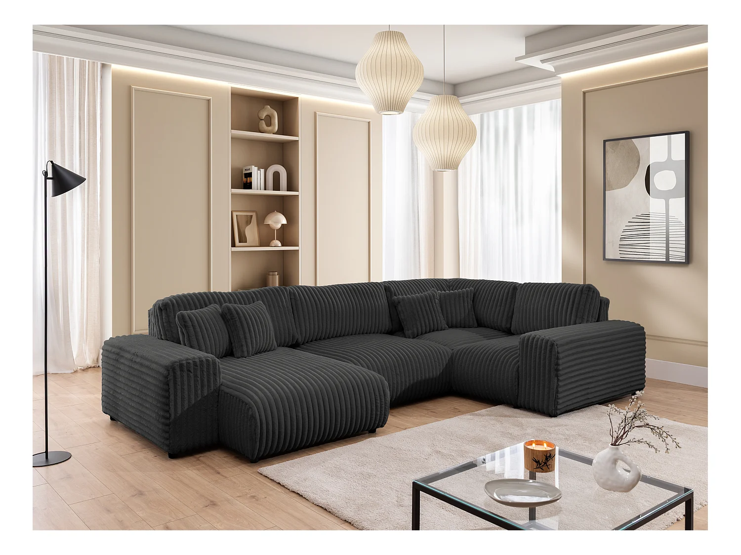 Mollis -  Wohnlandschaft im XXL-Format aus Dunkelgrau Plüschcord mit schöner Sitzkomfort