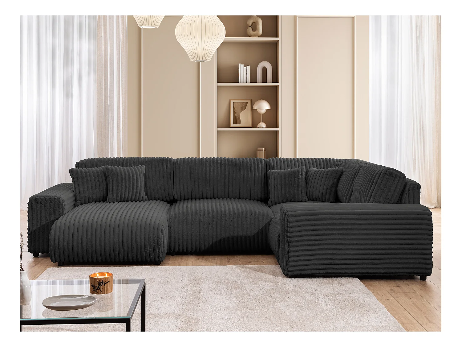 Mollis -  Wohnlandschaft im XXL-Format aus Dunkelgrau Plüschcord mit schöner Sitzkomfort