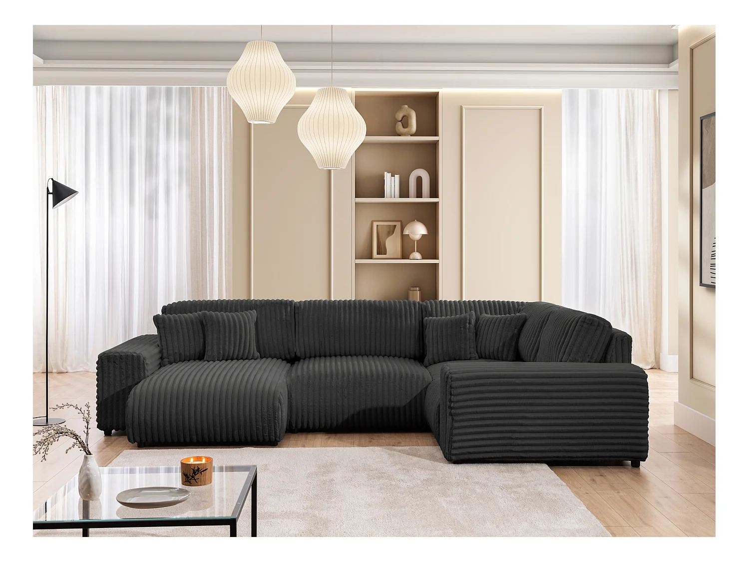 Mollis -  Wohnlandschaft im XXL-Format aus Dunkelgrau Plüschcord mit schöner Sitzkomfort