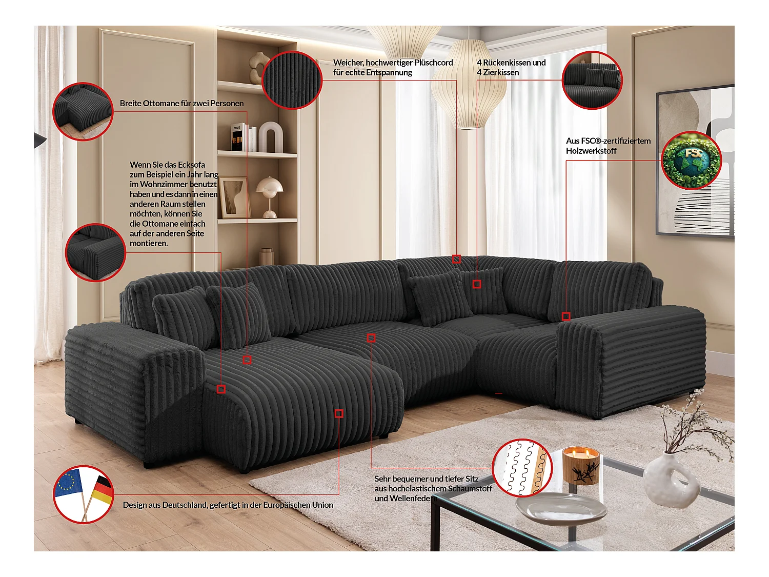 Mollis -  Wohnlandschaft im XXL-Format aus Dunkelgrau Plüschcord mit schöner Sitzkomfort