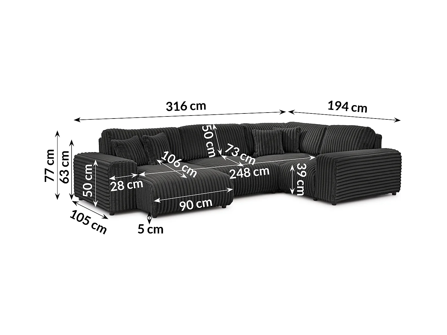 Mollis -  Wohnlandschaft im XXL-Format aus Dunkelgrau Plüschcord mit schöner Sitzkomfort