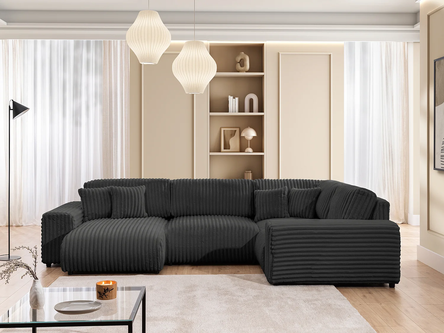 Mollis -  Wohnlandschaft im XXL-Format aus Dunkelgrau Plüschcord mit schöner Sitzkomfort