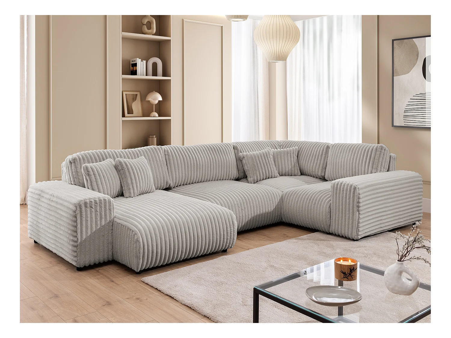 Mollis -  Wohnlandschaft im XXL-Format aus Hellgrau Plüschcord mit schöner Sitzkomfort