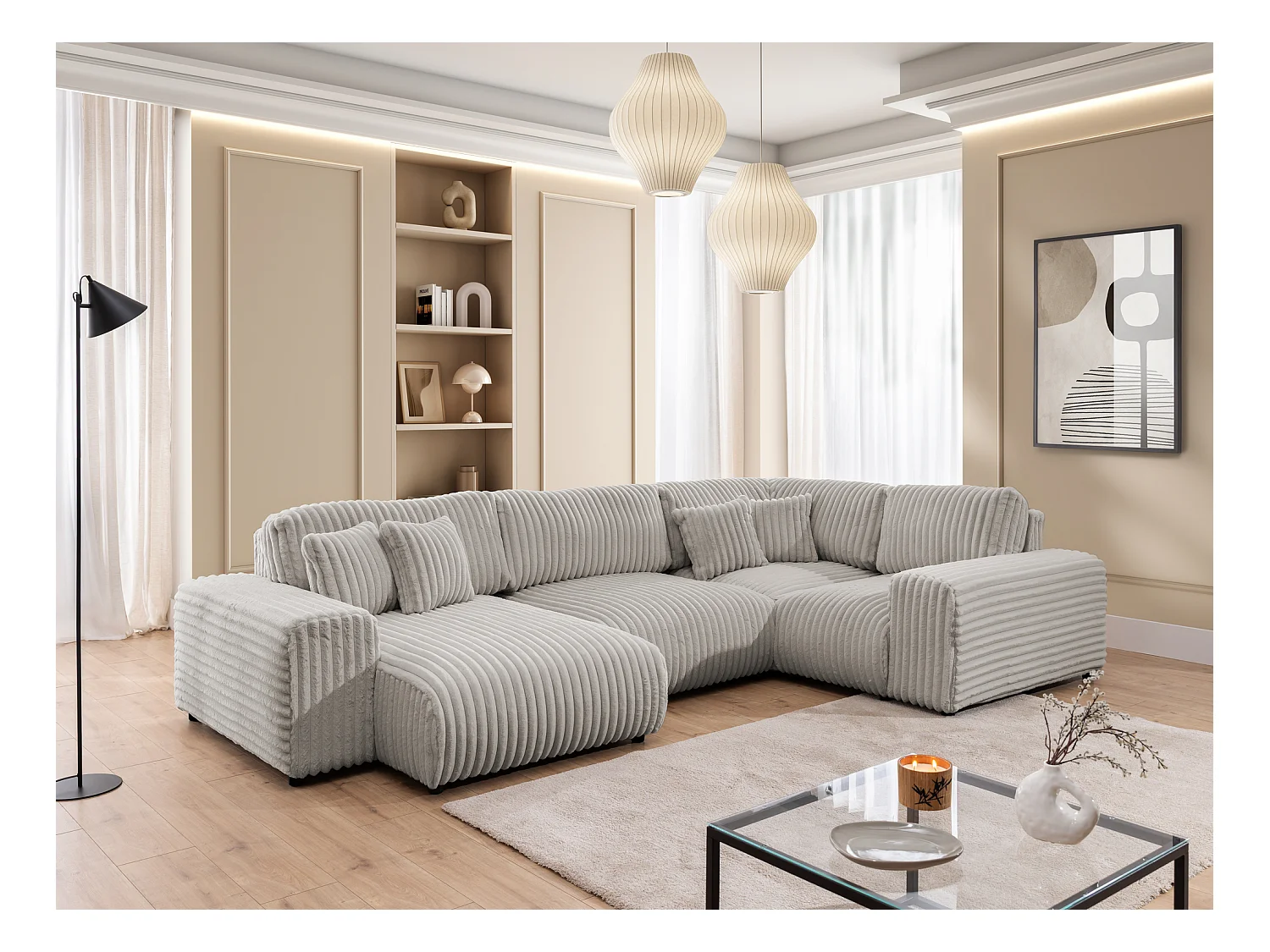 Mollis -  Wohnlandschaft im XXL-Format aus Hellgrau Plüschcord mit schöner Sitzkomfort