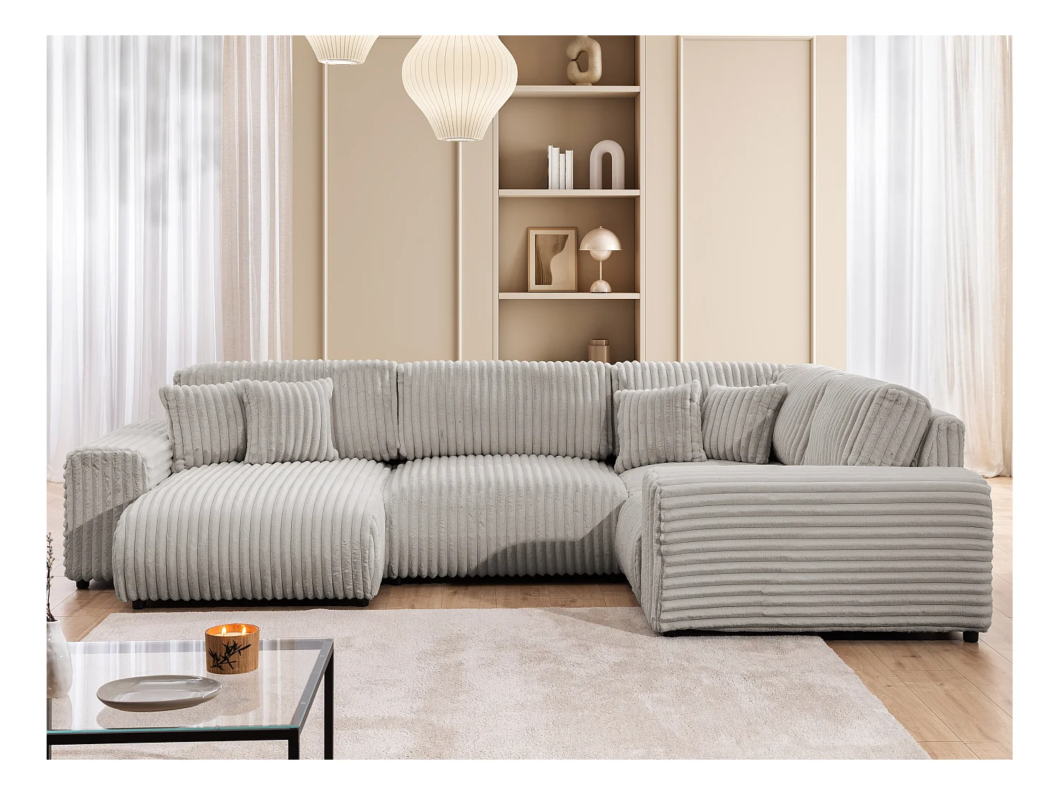 Mollis -  Wohnlandschaft im XXL-Format aus Hellgrau Plüschcord mit schöner Sitzkomfort