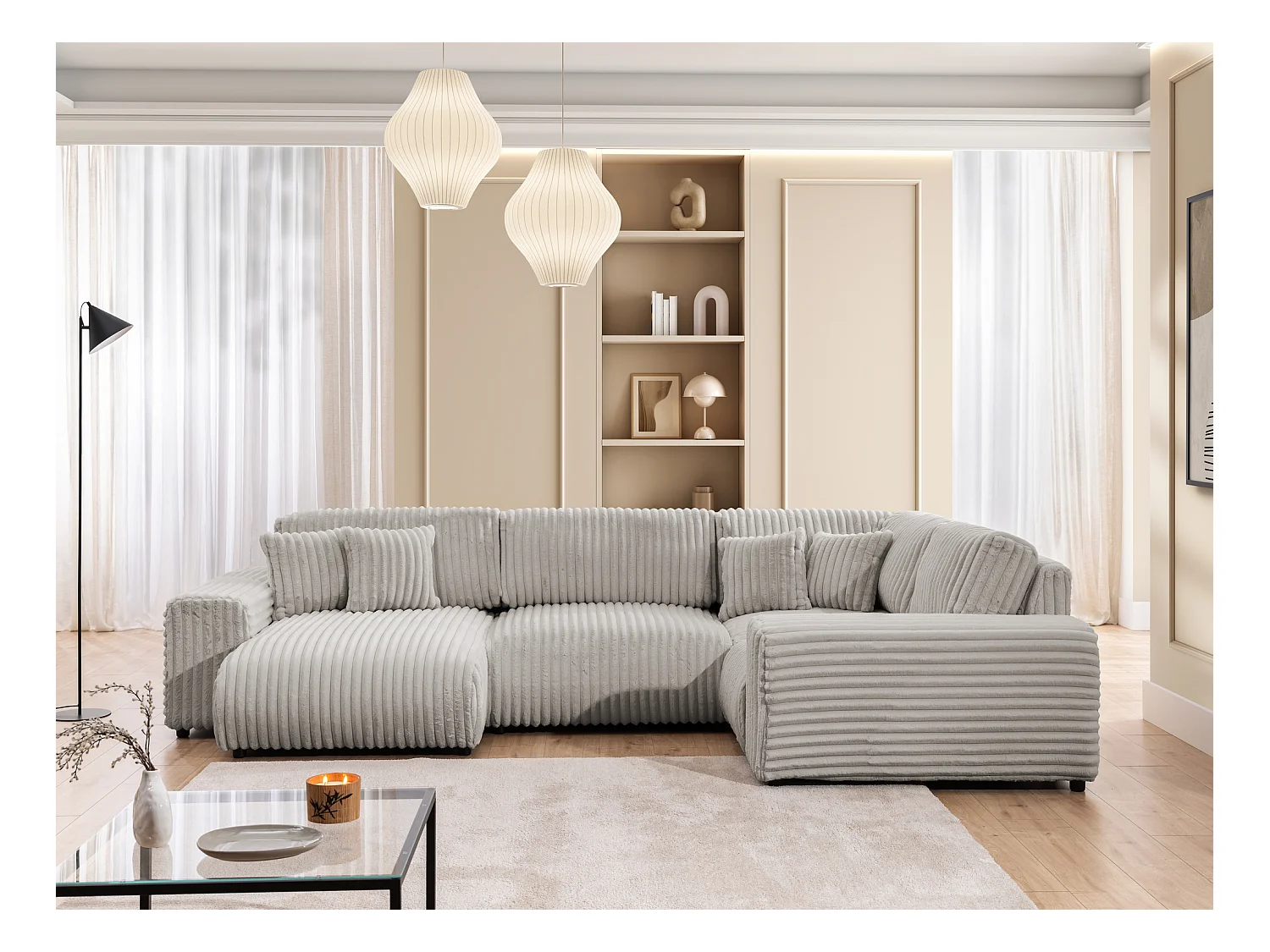 Mollis -  Wohnlandschaft im XXL-Format aus Hellgrau Plüschcord mit schöner Sitzkomfort