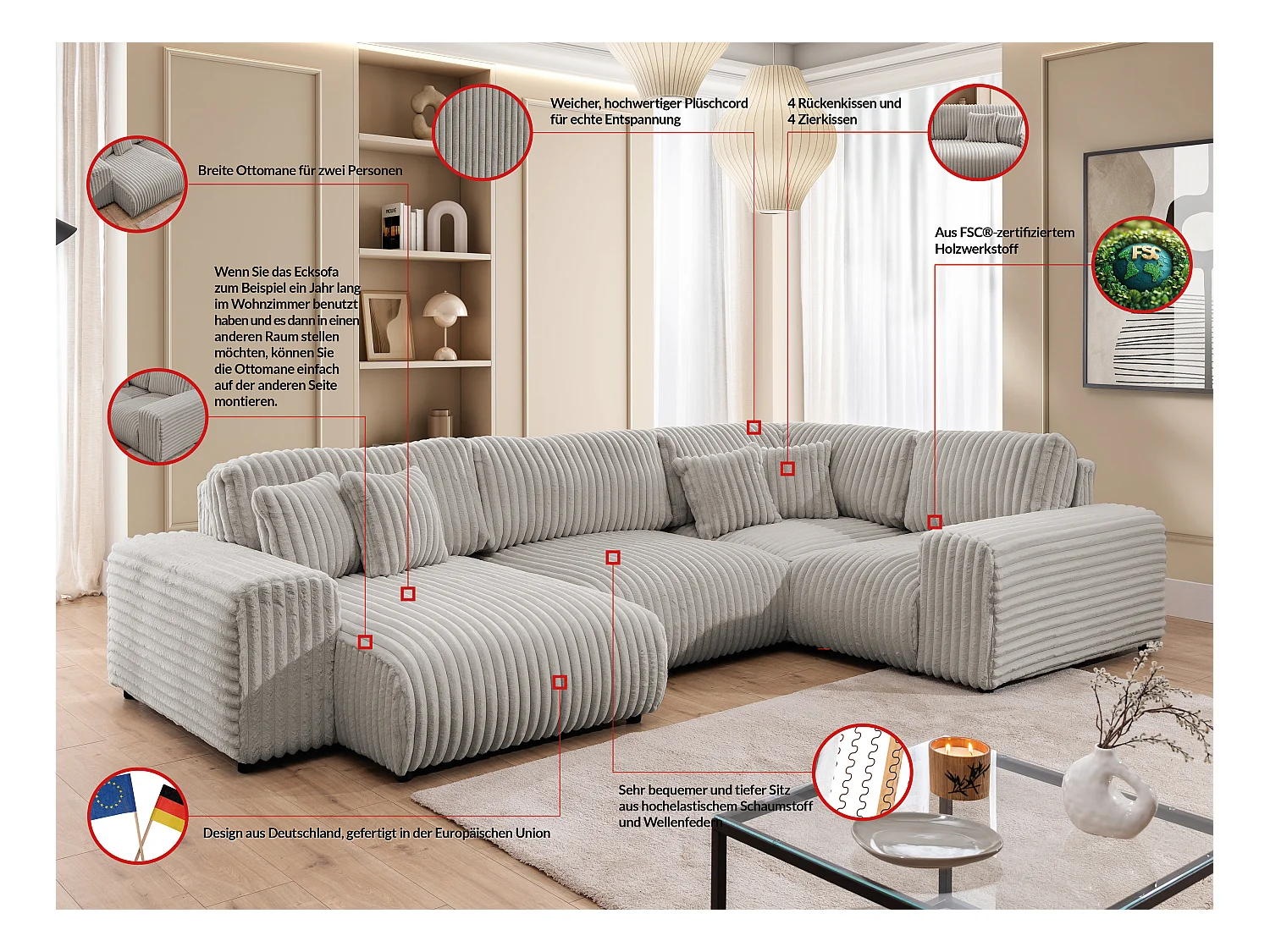 Mollis -  Wohnlandschaft im XXL-Format aus Hellgrau Plüschcord mit schöner Sitzkomfort