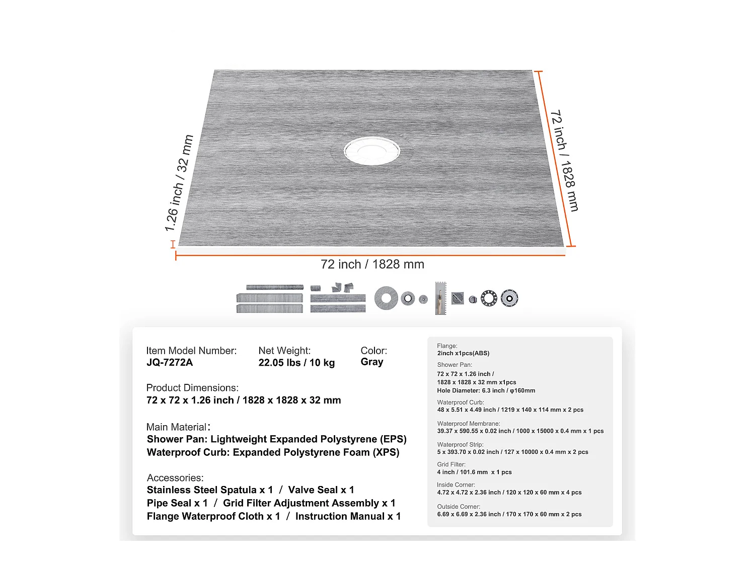 Kit de Receveur de Douche SucceBuy, 183 x 183 cm, avec Bride Centrale de 5,1 cm ABS Étanche