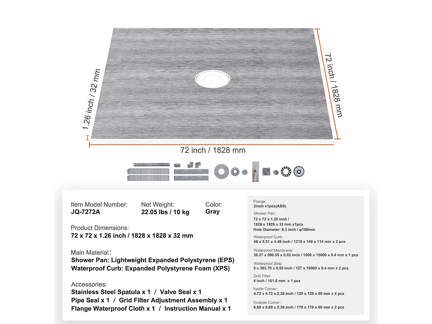 Kit de Receveur de Douche SucceBuy, 183 x 183 cm, avec Bride Centrale de 5,1 cm ABS Étanche
