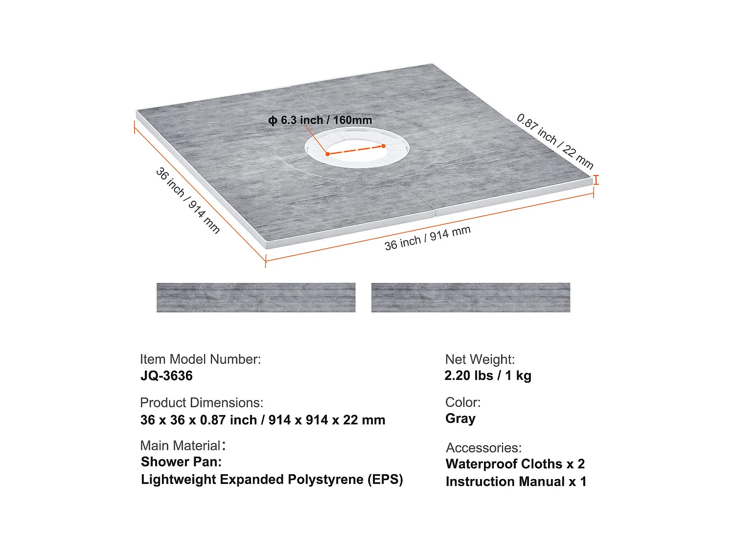 Kit de Receveur de Douche Étanche SucceBuy, 91 x 91 cm, avec Drain Central, pour l'Installation dans la Salle de Bain