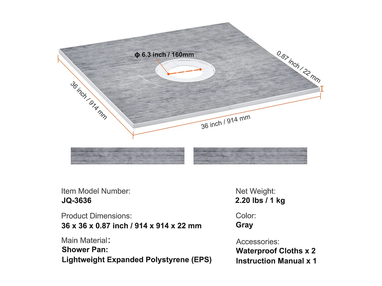 Kit de Receveur de Douche Étanche SucceBuy, 91 x 91 cm, avec Drain Central, pour l'Installation dans la Salle de Bain