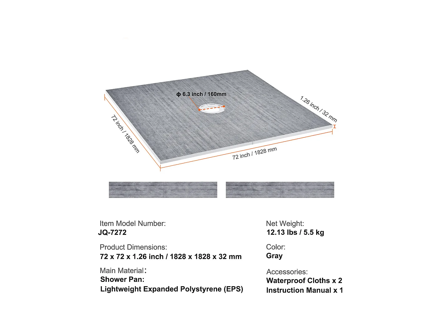 Kit de Receveur de Douche Étanche SucceBuy, 183 x183 cm, avec Drain Central, Épaissi