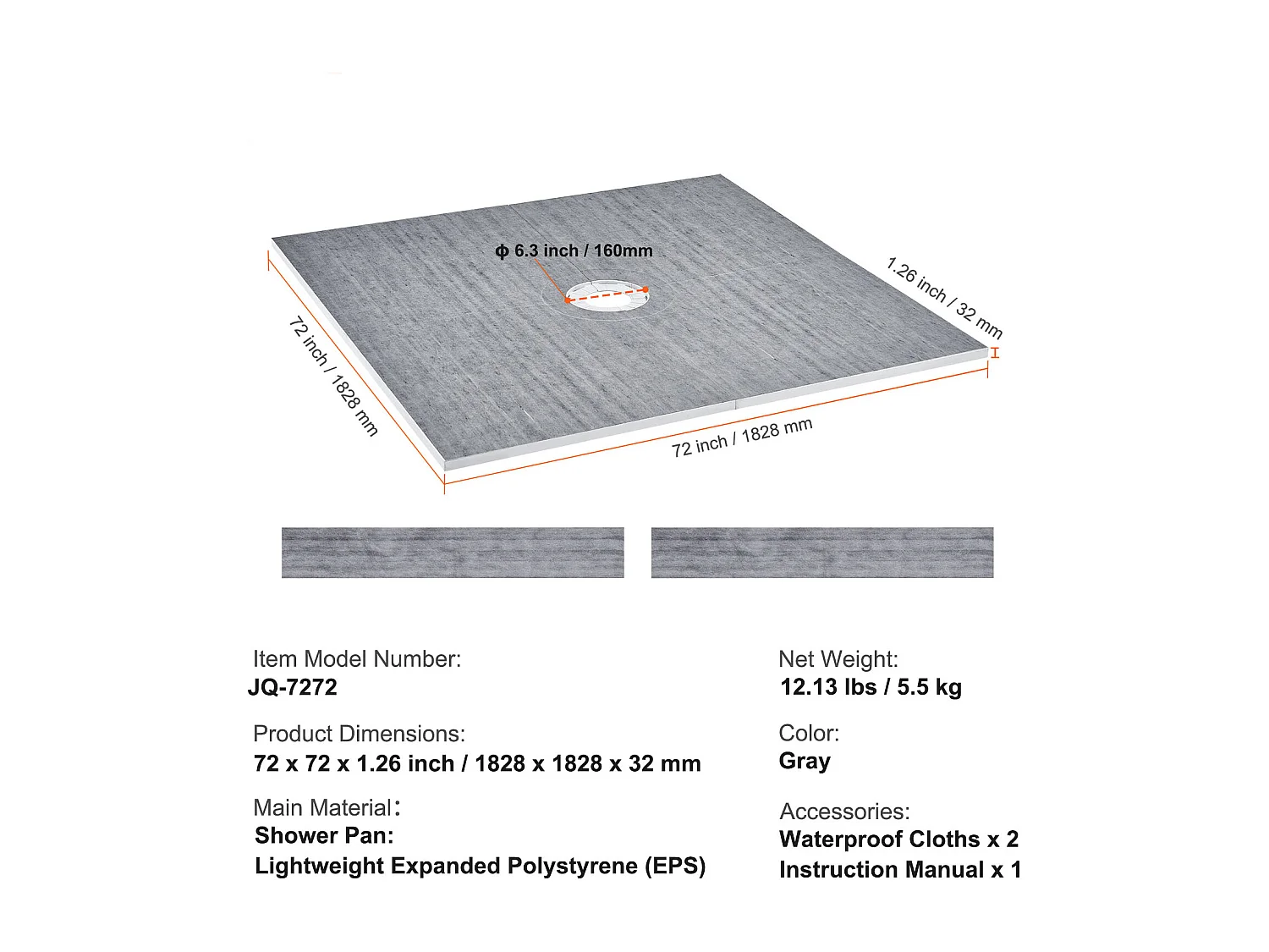 Kit de Receveur de Douche Étanche SucceBuy, 183 x183 cm, avec Drain Central, Épaissi