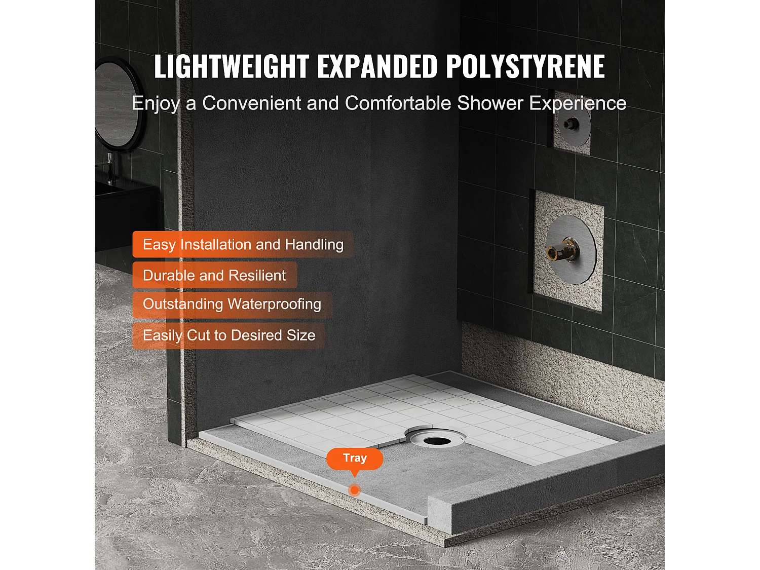 Kit de Receveur de Douche Étanche SucceBuy, 183 x183 cm, avec Drain Central, Épaissi